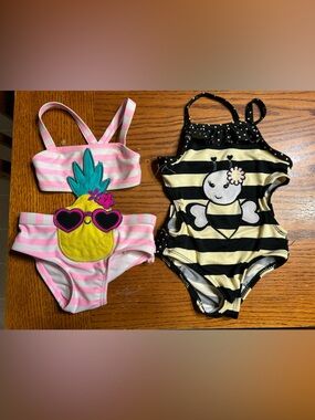 Set of 2 Infant Girls' Pink Pineapple Bikini & Black Yellow Bee One-Piece Swim